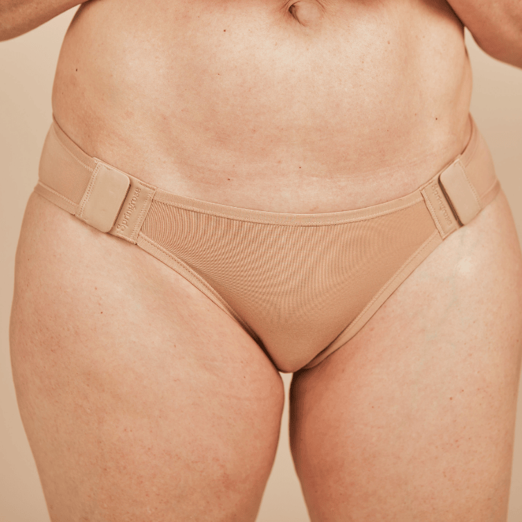 Close up of the Springrose magnetic adaptive underwear on a model.