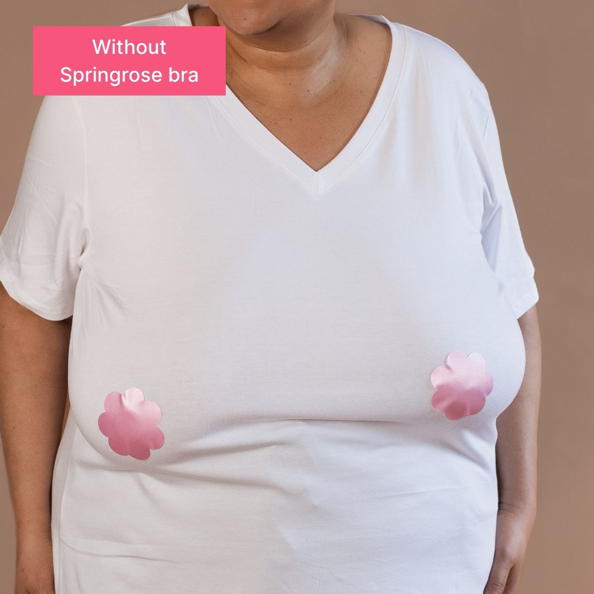 Showing the supportive nature of the Springrose Goddess Lift Mobility Bra, an adaptive bra for larger busts