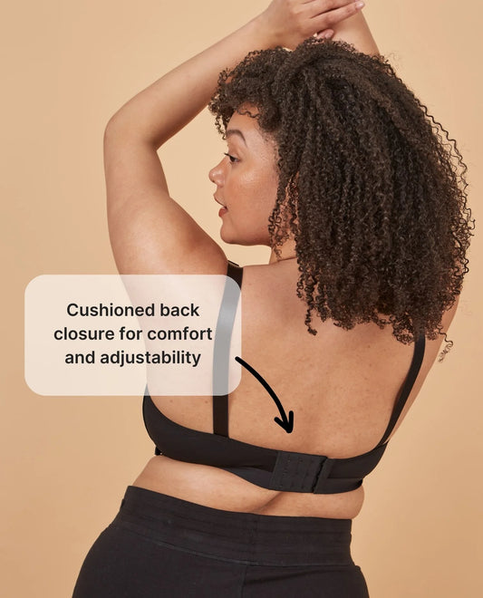 The back of the Springrose adaptive bra showcasing the back closure with text reading: cushioned back closure for comfort and adjustability