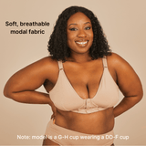 A beautiful disabled model smiling widely at the camera and showing off the Springrose magnet bra in beige. Text reads: soft, breathabl modal fabric.
