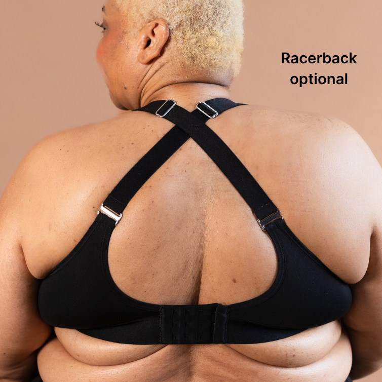 The back in a racerback format of the adaptive bra in black