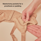 A close up of the Effortless Magnetic Bra, showing that it is also a mastectomy bra because it has pockets for a prosthesis