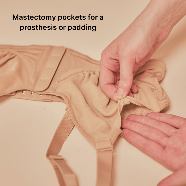 A close up of the Effortless Magnetic Bra, showing that it is also a mastectomy bra because it has pockets for a prosthesis
