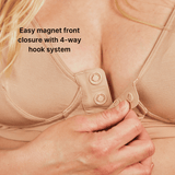 Close up of the Springrose magnetic bra's magnet closure. Text reads: easy magnet front closure with 4-way ook system