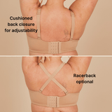 A detailed shot of the back of the Effortless magnetic Bra from Springrose. It shows and says that there's a cushioned back closure for adjustability and the bra has a racerback option.