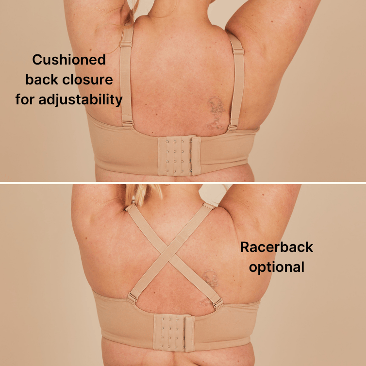 A detailed shot of the back of the Effortless magnetic Bra from Springrose. It shows and says that there's a cushioned back closure for adjustability and the bra has a racerback option.