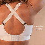 Beautiful mature model showing the racerback option of the supportive adaptive velcro bra in almond