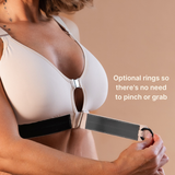 Beautiful mature model showing the supportive adaptive velcro bra in almond