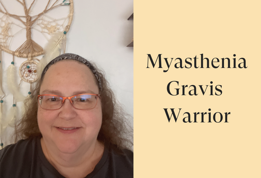 Jill Wilhelm smiling at camera with a color block next to her and the words Myasthenia Gravis Warrior
