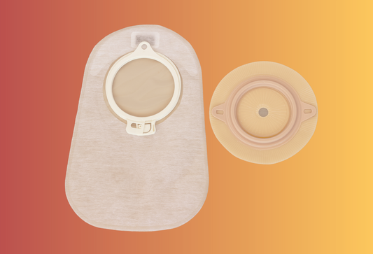Intimacy and Sexuality with an Ostomy Bag: an ostomy bag on a gradient red to yellow background