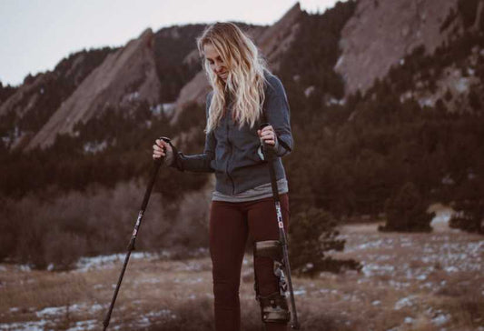Katy Gaastra, a beautiful young woman with cerebral palsy, hiking while wearing her mobility equipment
