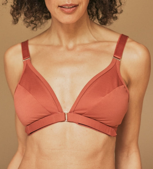 Mature woman in a wireless, front closure adaptive bra looking fierce