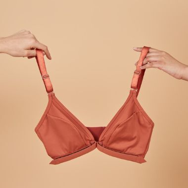 Front view of the adaptive bra in terracotta with the velcro front closure, great for arthritis