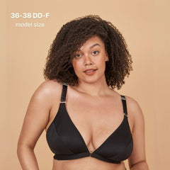 Model is wearing the best front closing bra for seniors in black - an adaptive bra with a velcro front closure