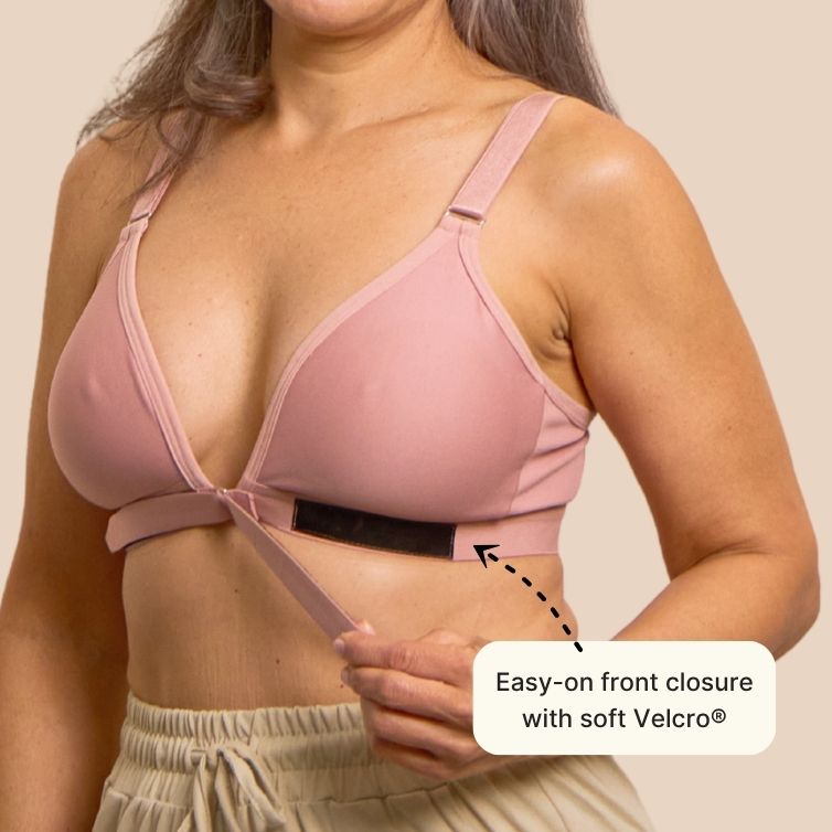 Close up of the adaptive bra for seniors in pink, showcasing the Velcro front closure
