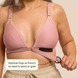 Close up of the Velcro bra in pink, showcasing the Velcro front closure and optional gripping ring