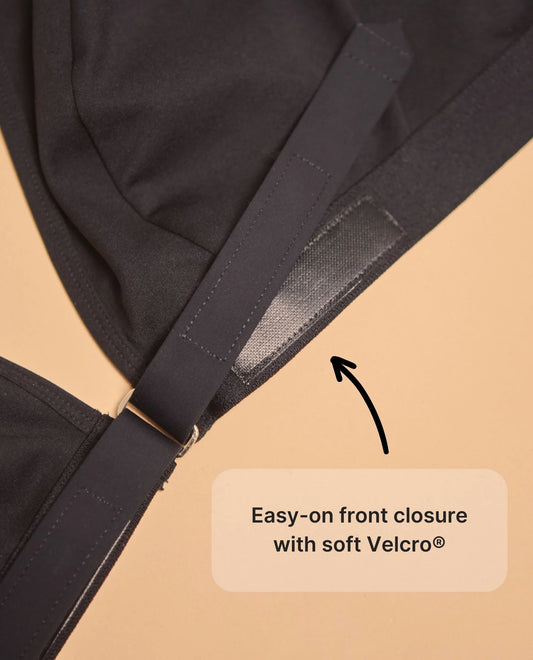 Showcasing Springrose's adaptive bra's easy-on front closure with soft velcro