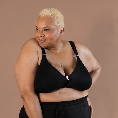 Beautiful full figured mature model showing the Springrose fibromyalgia bra for bigger busts