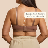 A back view of the adaptive velcro bra from Springrose in mocha. Text bubble reads: cushioned back closure for comfort and adjustability