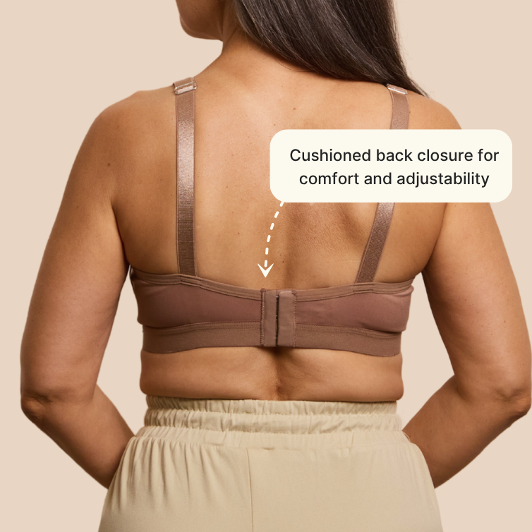 A back view of the adaptive velcro bra from Springrose in mocha. Text bubble reads: cushioned back closure for comfort and adjustability