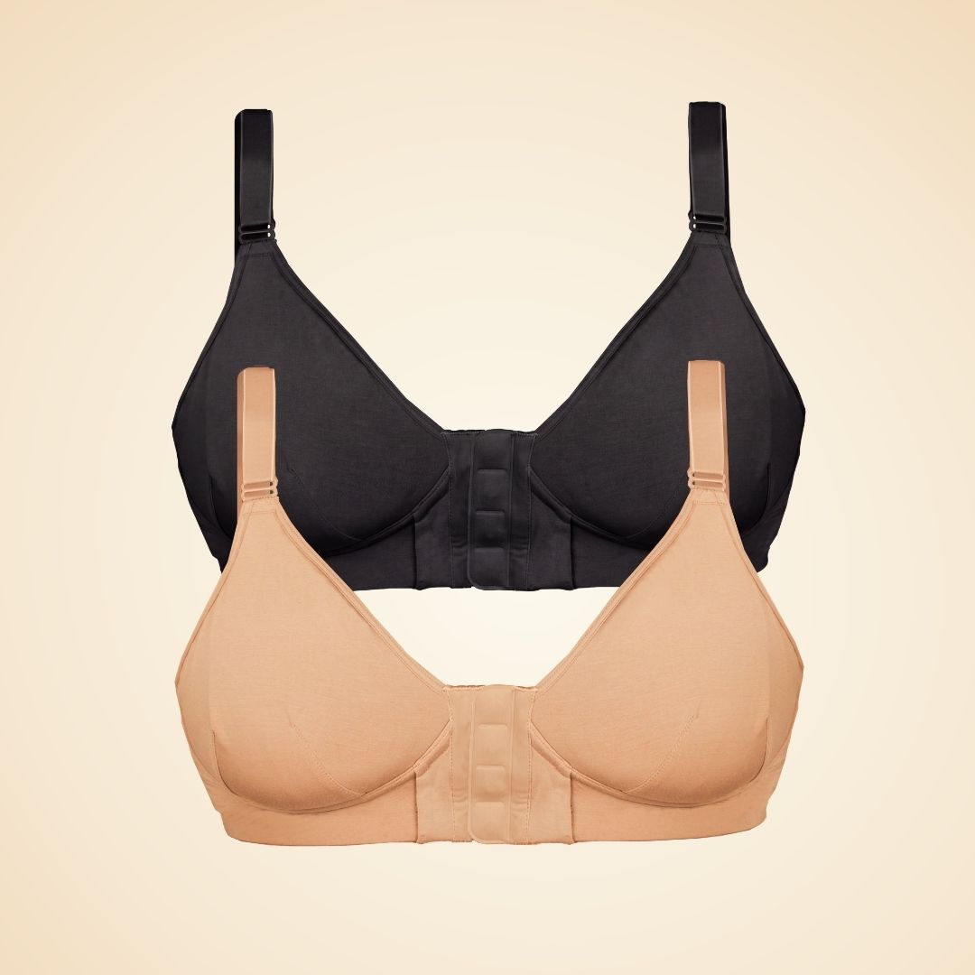 Two adaptive magnet bras, one in beige and one in black, overlaid over each other