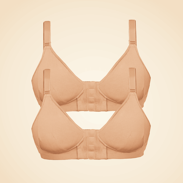 Two effortless magnet bras in beige, flatlays