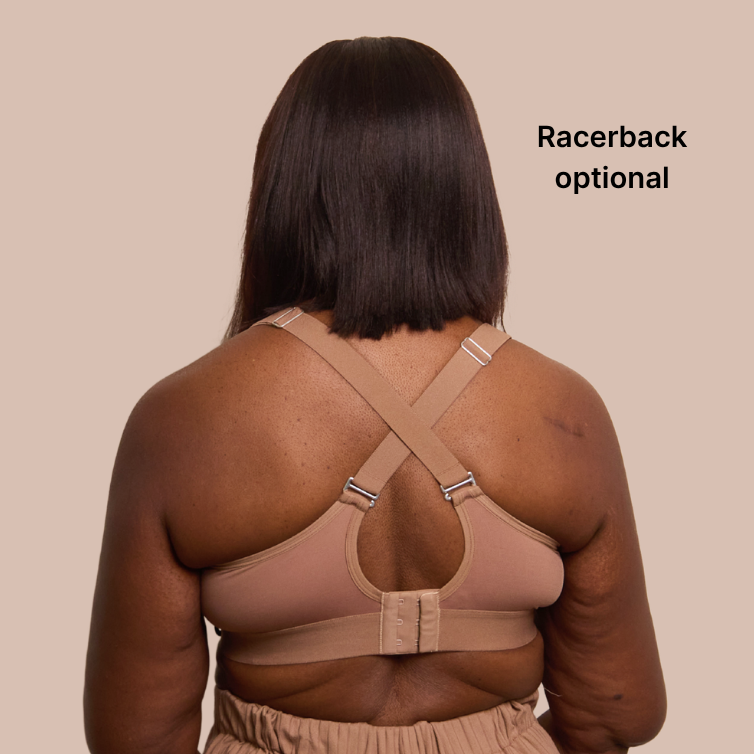 A back view of the adaptive velcro bra for larger busts in mocha