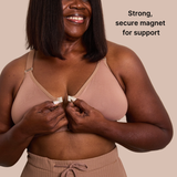 Close up of the magnetic closure on the Springrose adaptive bra in mocha. Text reads: strong, secure magnet for support