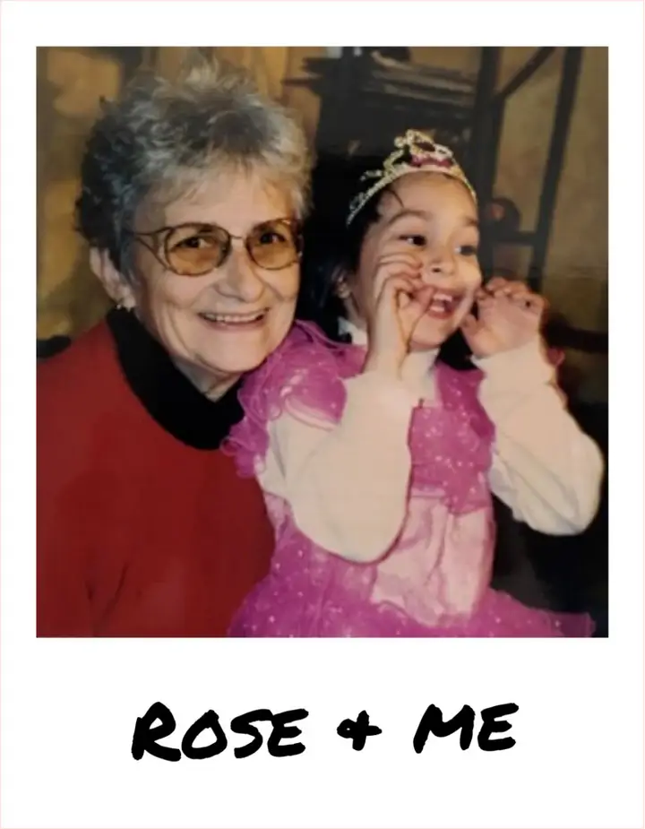 A polaroid style picture of Grandma Rose and Nicole as a baby, dressed in a pink princess costume. The text reads Rose + Me