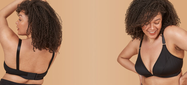 The same beautiful woman showing up twice, once from the back and another from the front. In the front view, the woman looks joyful as she shrugs and is wearing the velcro front closure bra in black. In the back view, you can see her back and the bra hooks.