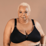 Beautiful black model showing the supportive adaptive velcro bra in black