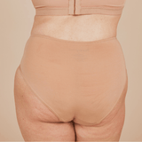 Back view of the sensory-friendly modal high waisted underwear in beige.