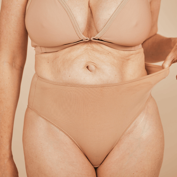 Front view of the modal high waisted underwear in beige.