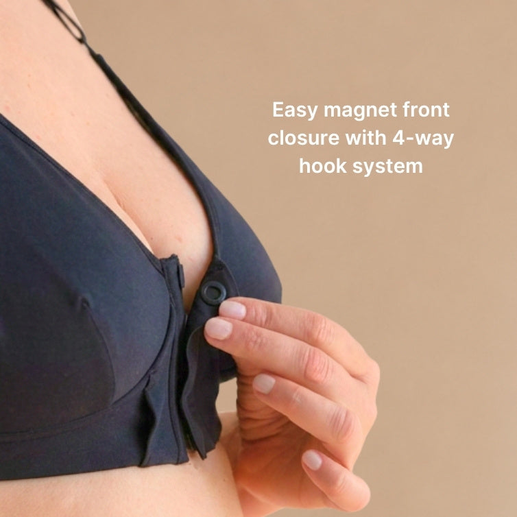 Close up of the bra's magnet front closure in black. Text reads: easy magnet front closure with 4-way hook system.