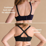 Split screen showing the back of the Effortless Bra in black. Top image shows the bra straps in a straight configuration and text reads: cushioned back closure for adjustability. Bottom image is the bra straps in a racerback configuration, while text reads: racerback optional.