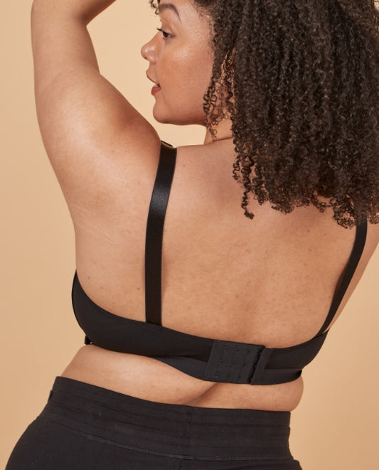 Back view of the black wireless front closure bra showcasing hooks