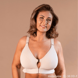 Beautiful mature model showing the supportive adaptive velcro bra in almond