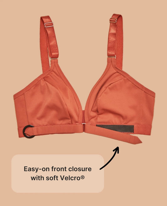 The Springrose adaptive bra with the text easy on front closure with soft velcro.