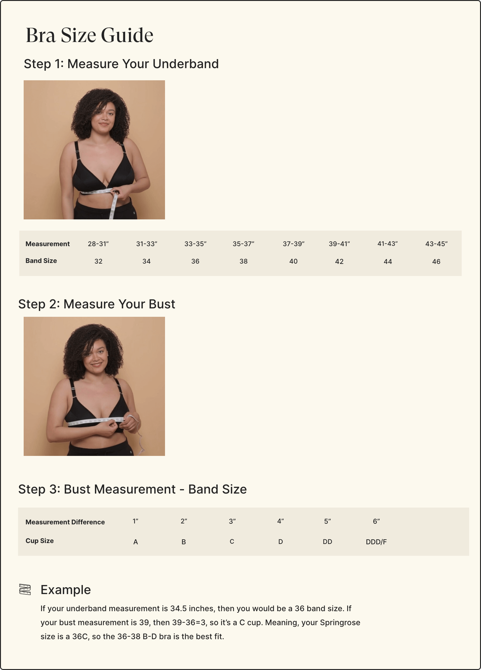 Springrose front closure adaptive bra sizing guide with instructions